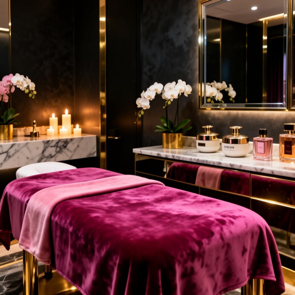 Luxury waxing suite with velvet bed, gold accents, marble vanity, and designer wax